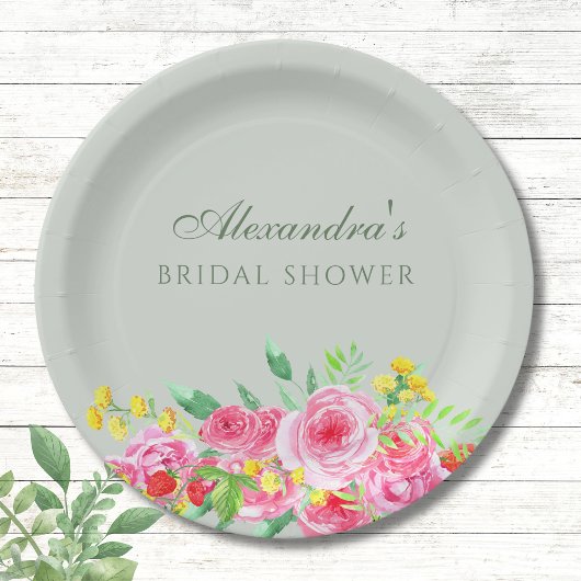 セージグリーンピンク牡丹ブライダルシャワー ペーパープレート
