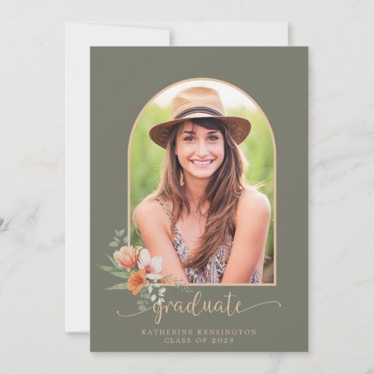 セージグリーンピーチフローラアーチ写真卒業 招待状 (正面)