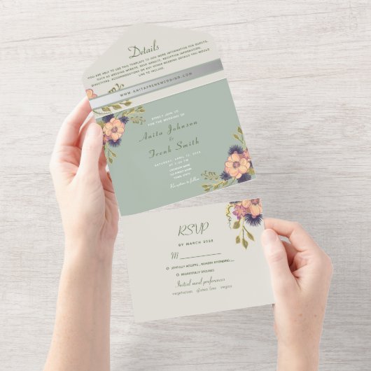 セージグリーンピーチ結婚フローラ オールインワン招待状 (貼ってはがせる)