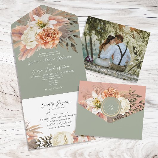 セージグリーンピーチ結婚フローラ オールインワン招待状