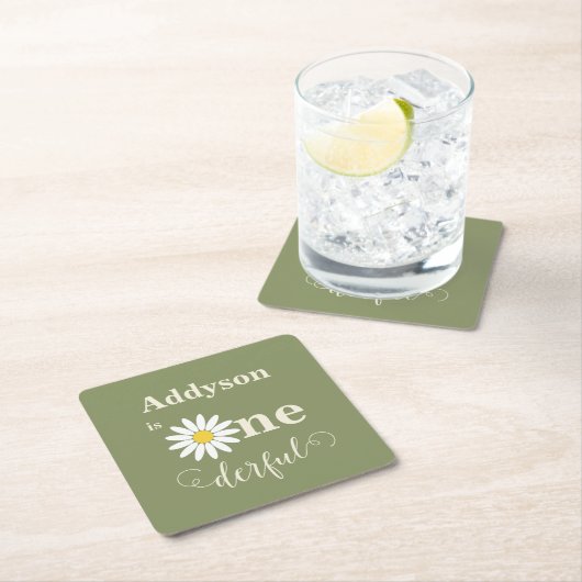セージグリーンファースト誕生日デイジー スクエアペーパーコースター (インサイチュ)