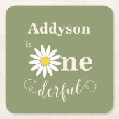 セージグリーンファースト誕生日デイジー スクエアペーパーコースター (正面)