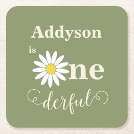 セージグリーンファースト誕生日デイジー スクエアペーパーコースター