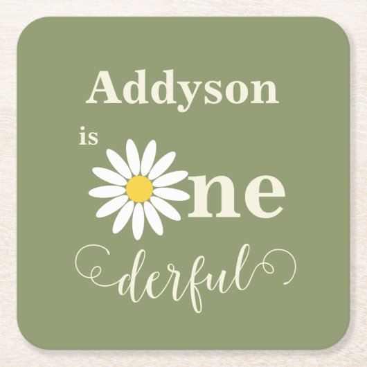セージグリーンファースト誕生日デイジー スクエアペーパーコースター (正面)