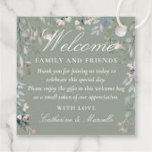 セージグリーンフラワーウェディングウェルカムギフトバスケットバッグ フェイバータグ (裏面)