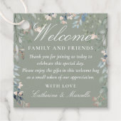 セージグリーンフラワーウェディングウェルカムギフトバスケットバッグ フェイバータグ (正面)