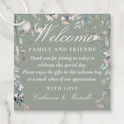 セージグリーンフラワーウェディングウェルカムギフトバスケットバッグ フェイバータグ (正面)