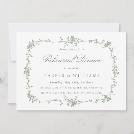 セージグリーンフランスのフローラリハーサルディナー 招待状 (正面)