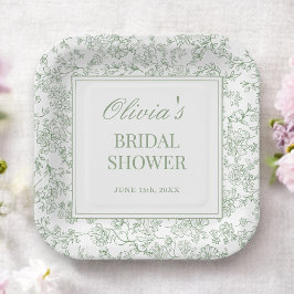 セージグリーンフレンチヴィンテージフローラル ブライダルシャワー ペーパープレート