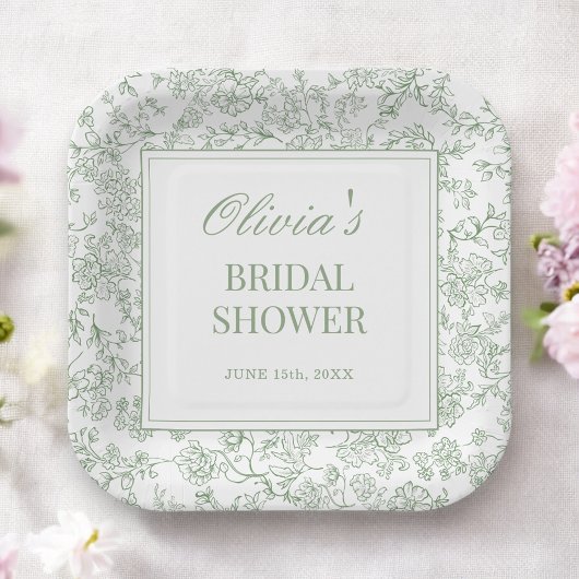 セージグリーンフレンチヴィンテージフローラル ブライダルシャワー ペーパープレート