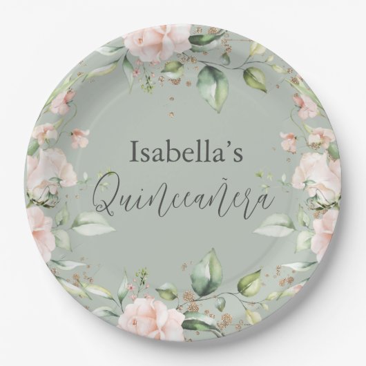 セージグリーンフローラウォーターカラーキンセニェラ紙 ペーパープレート (正面)