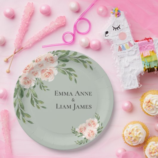 セージグリーンフローラウォーターカラーロマンチック結婚ズ ペーパープレート (パーティー)