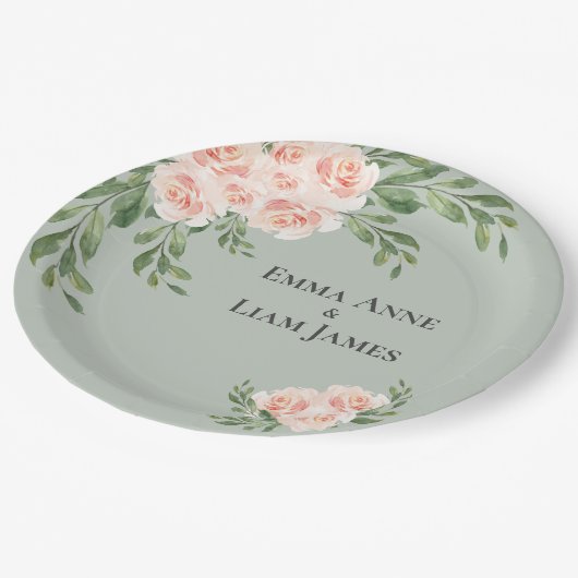 セージグリーンフローラウォーターカラーロマンチック結婚ズ ペーパープレート (アングル)