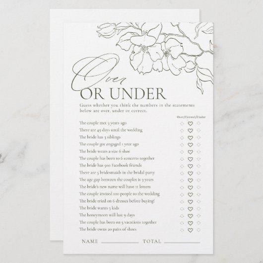 セージグリーンフローラオーバーまたは下ブライダルシャワーゲーム (正面/裏面)