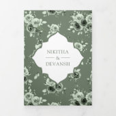 セージグリーンフローラオールインワンレースインディアン結婚 三つ折り招待状 (カバー)