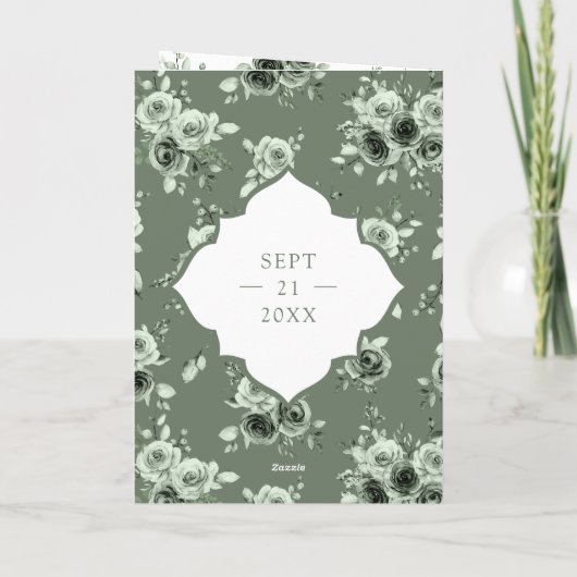 セージグリーンフローラオールインワンレースインディアン結婚 招待状 (裏面)