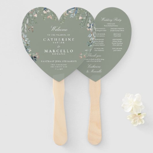 セージグリーンフローラカスケード結婚式 プログラム ハンドファン (正面&裏面)