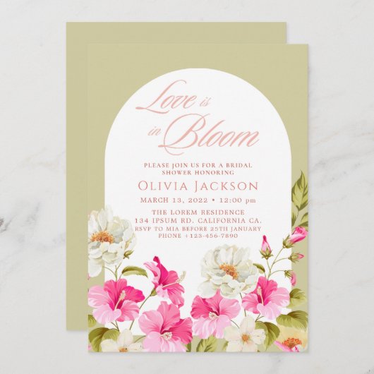 セージグリーンフローラガーデンフラワーズブライダルシャワー 招待状 (正面/裏面)