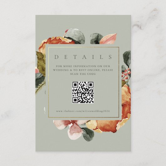 セージグリーンフローラガーデンQR結婚のウェブサイト エンクロージャーカード (正面)