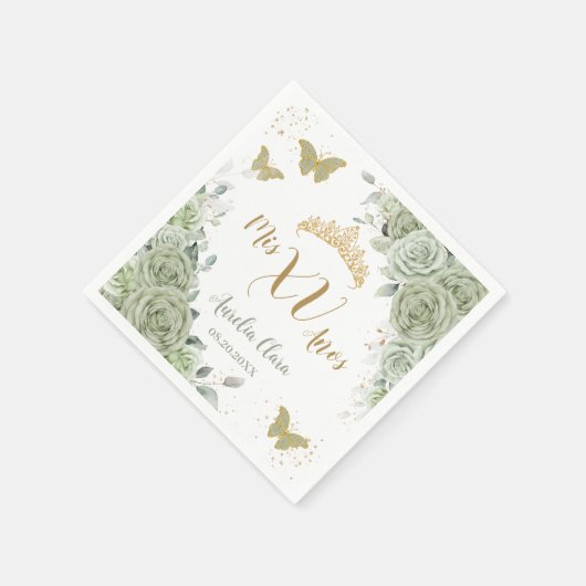 セージグリーンフローラキンセアニェラ誕生日蝶 スタンダードカクテルナプキン (角)