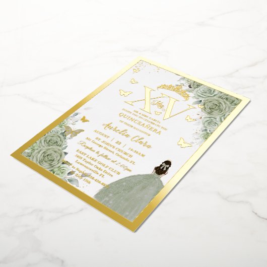 セージグリーンフローラキンセアニラクリン15 XV金ゴールド 箔招待状 (回転した状態)