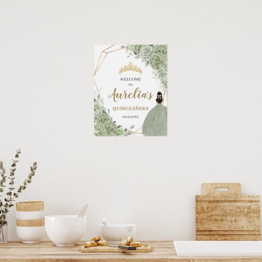 セージグリーンフローラキンセアニラジオメトリックウェルカム ポスター (キッチン)