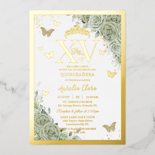 セージグリーンフローラキンセアニラ蝶XV金ゴールド 箔招待状 (正面)