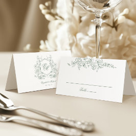 セージグリーンフローラクレストモノグラムエレガントウェディング プレイスカード