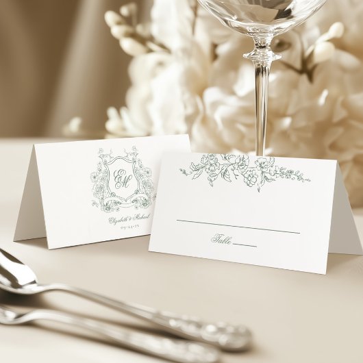セージグリーンフローラクレストモノグラムエレガントウェディング プレイスカード