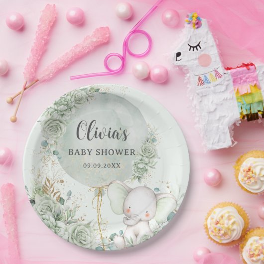 セージグリーンフローラゾウ赤ちゃんシャワー ペーパープレート (パーティー)