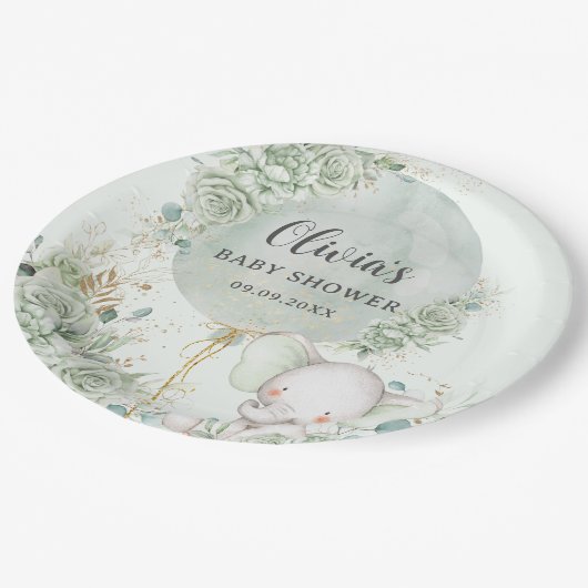 セージグリーンフローラゾウ赤ちゃんシャワー ペーパープレート (アングル)