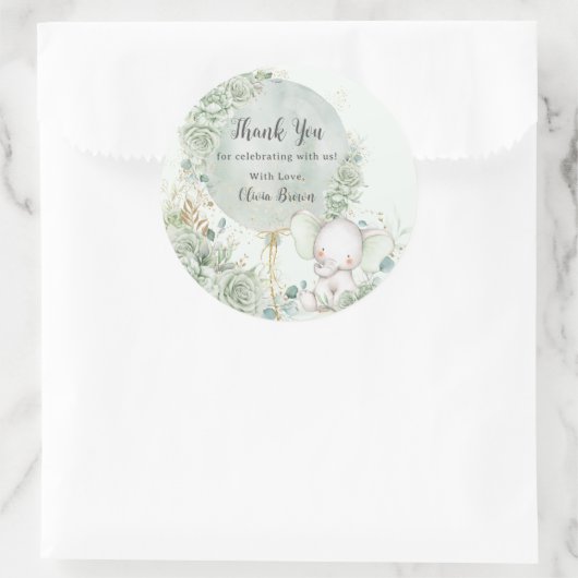 セージグリーンフローラゾウ赤ちゃんシャワー ラウンドシール (バッグ)