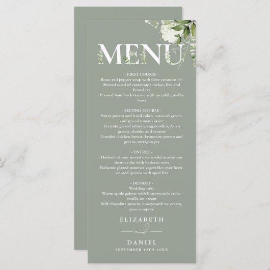 セージグリーンフローラタイポグラフィモノグラム結婚ズ メニュー (正面/裏面)