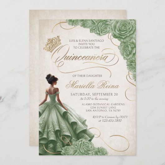 セージグリーンフローラドレスキンセアニラ 招待状 (正面/裏面)