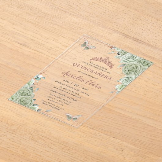 セージグリーンフローラバラ金ゴールドキンセアニラ誕生日 アクリル招待状 (レイダウン)