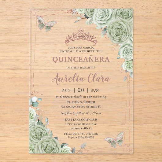 セージグリーンフローラバラ金ゴールドキンセアニラ誕生日 アクリル招待状 (正面)