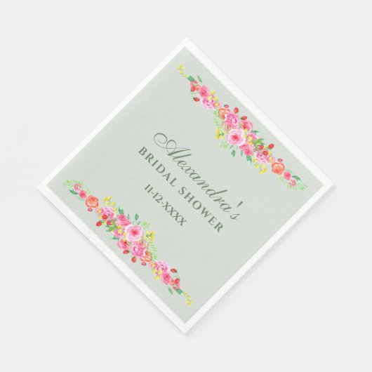 セージグリーンフローラピンク牡丹ブライダルシャワー スタンダードランチョンナプキン (角)