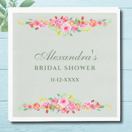 セージグリーンフローラピンク牡丹ブライダルシャワー スタンダードランチョンナプキン