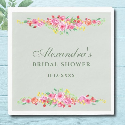 セージグリーンフローラピンク牡丹ブライダルシャワー スタンダードランチョンナプキン