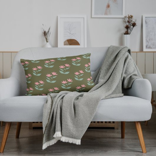 セージグリーンフローラピンク装飾用クッション ランバークッション