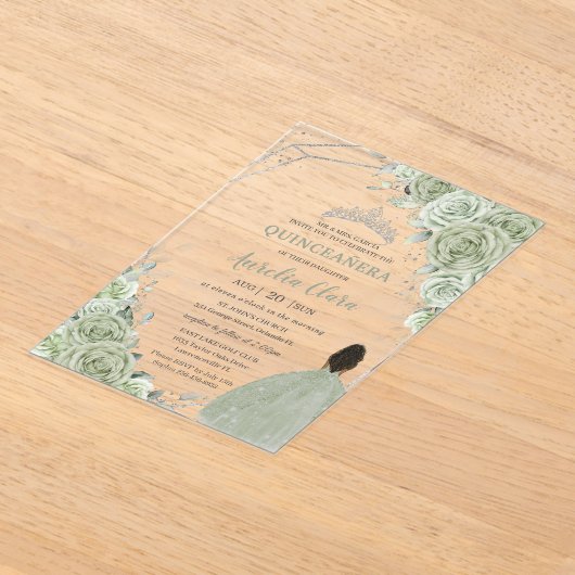 セージグリーンフローラブラウンガールシルバー15キンセアニラ アクリル招待状 (レイダウン)
