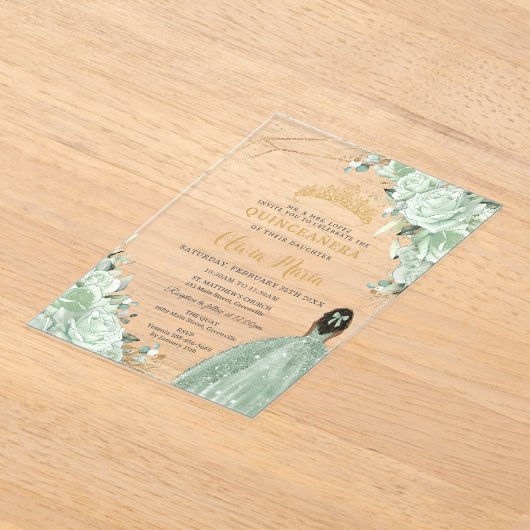セージグリーンフローラブラウンプリンセス金ゴールドキンセアニラ アクリル招待状 (レイダウン)