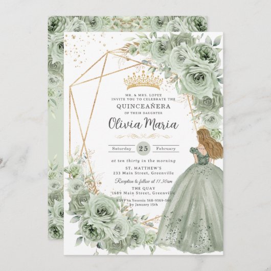 セージグリーンフローラブロンドプリンセスキンセアニラ金ゴールド 招待状 (正面/裏面)