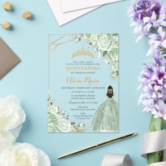 セージグリーンフローラプリンセスドレス金ゴールドキンセアニラ アクリル招待状 (インサイチュ (ウェディング))