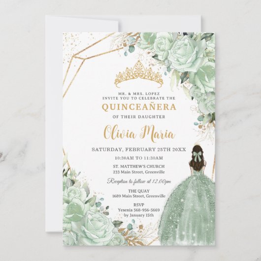 セージグリーンフローラプリンセスドレス金ゴールドキンセアニラ 招待状 (正面)