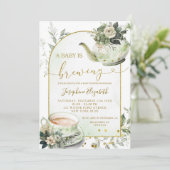 セージグリーンフローラベビーシャワーティーパーティの招待状 招待状 (スタンド正面)