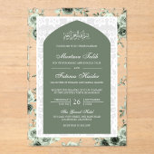 セージグリーンフローラホワイトレースアーチムスリム結婚ズ アクリル招待状 (正面)
