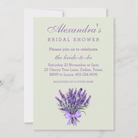 セージグリーンフローラボーラベンダーブライダルシャワー 招待状 (正面)