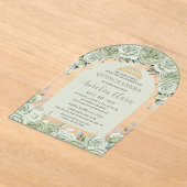 セージグリーンフローラモダンアーチ金ゴールドキンセアニェラ アクリル招待状 (レイダウン)