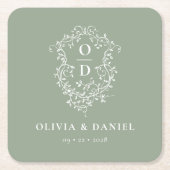 セージグリーンフローラモノグラム結婚ズクレストモダン スクエアペーパーコースター (正面)